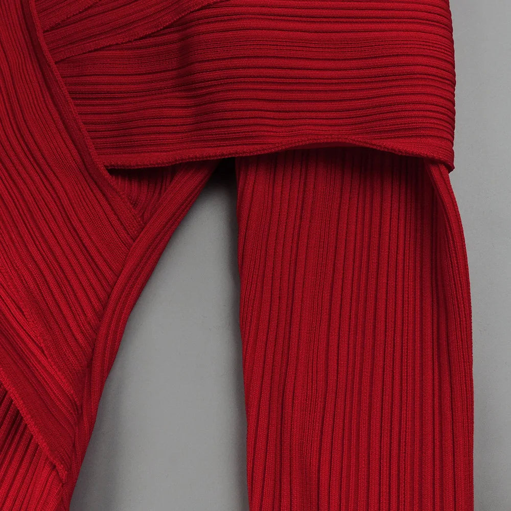 Ribbed Knit High Neck Long Sleeve Cross Wrap Bodycon Maxi Dress