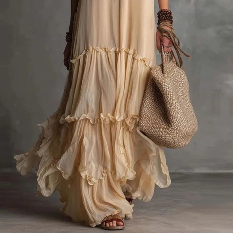 Sleeveless Tiered Ruffle Hem Boho Maxi Dress