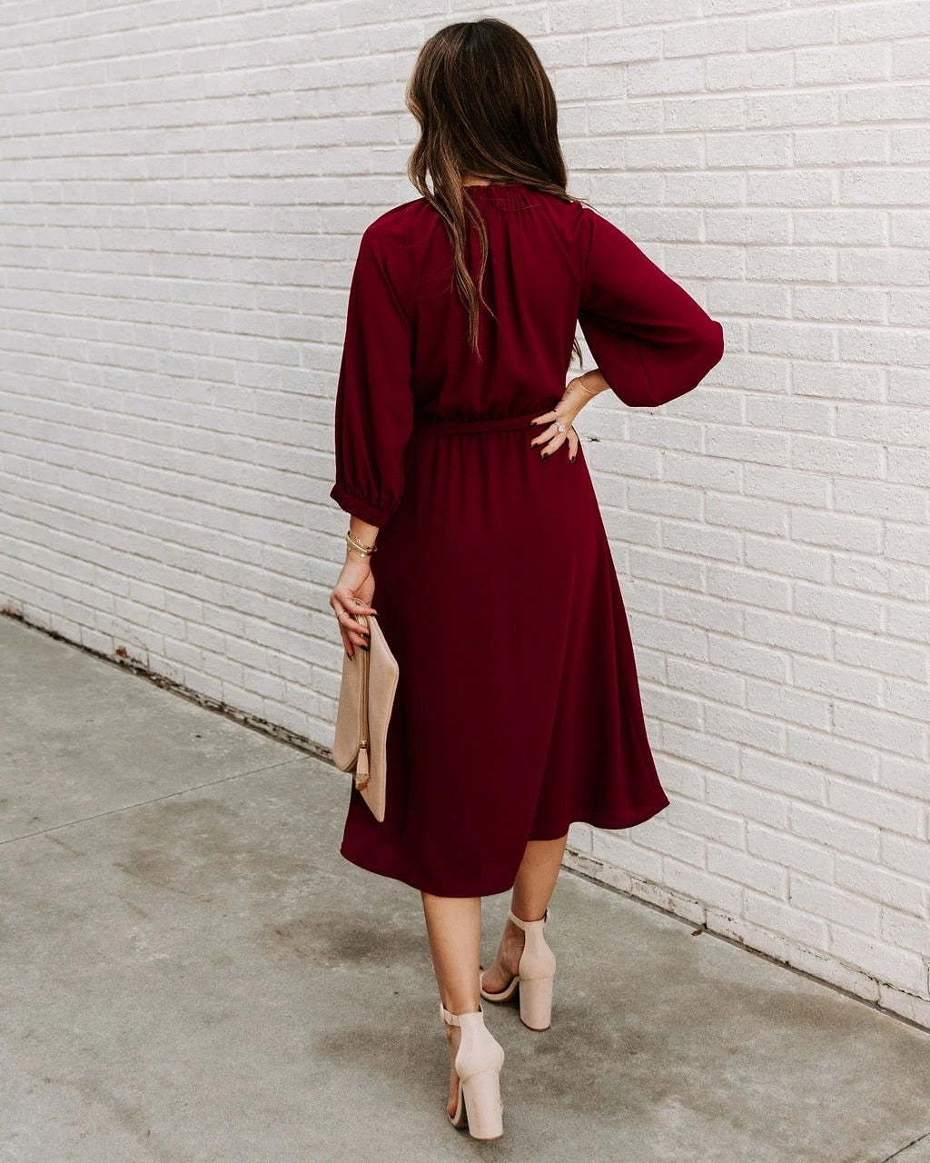 Mock Neck Long Sleeve Belted A-Line Midi Dress
