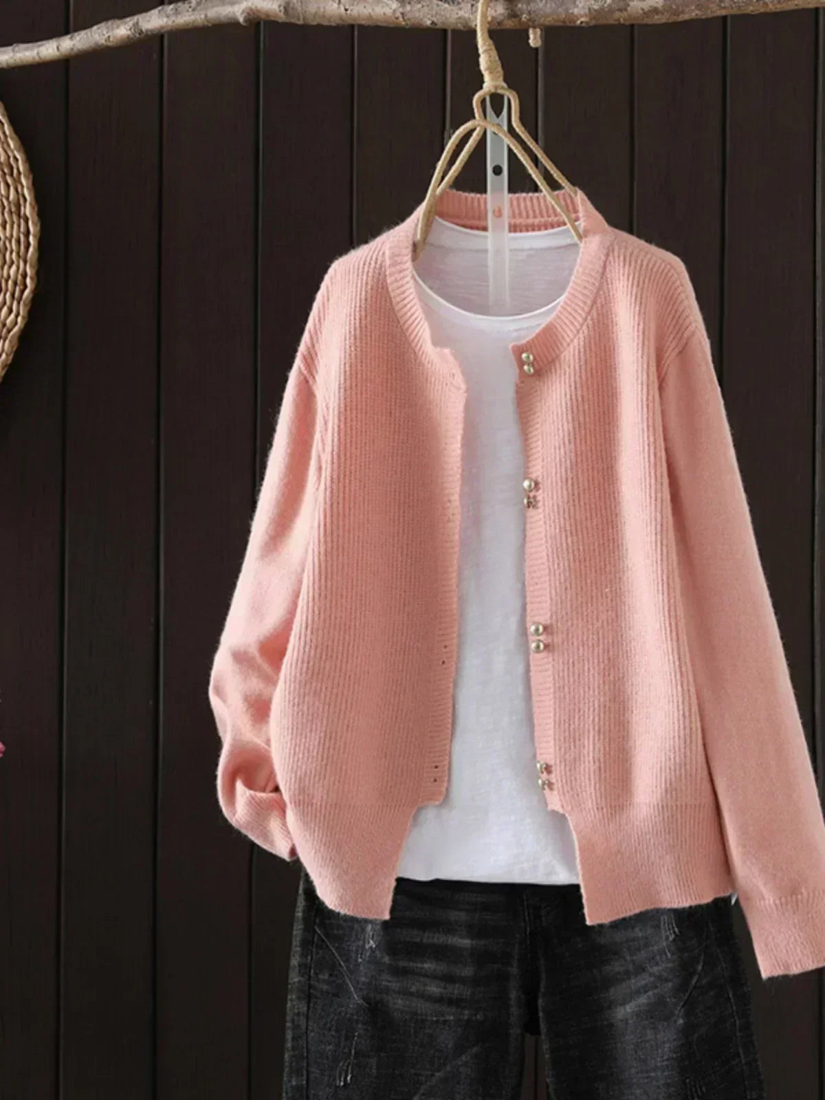 Pearl Button Ribbed Knit Cardigan