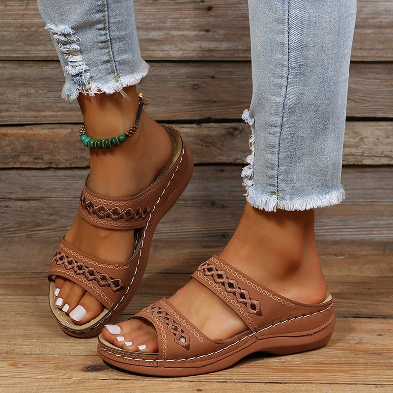 Peep Toe Cutout Double Band Wedge Slide Sandals