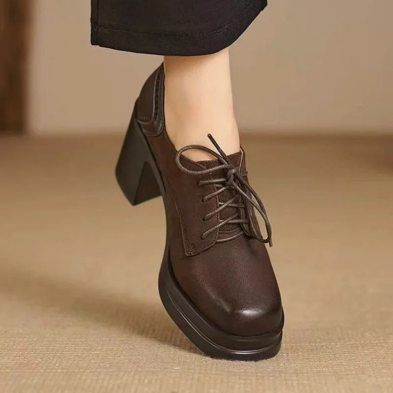 Lace Up Square Toe Platform Block Heel Pumps