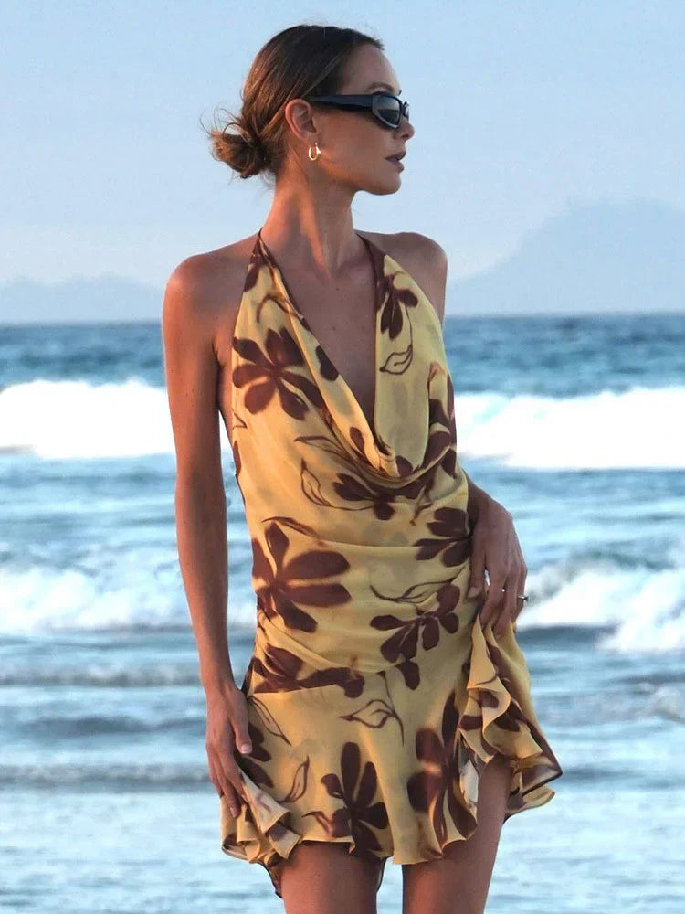 Contrast Print Lace-Up V Neck Mini Dress - View 2