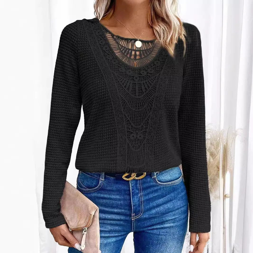 Crochet Lace Panel Waffle Knit Long Sleeve Top