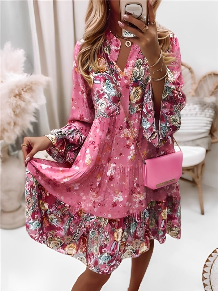 Long Sleeve V-Neck Tiered Ruffle Flounce Stand Collar Midi Dress