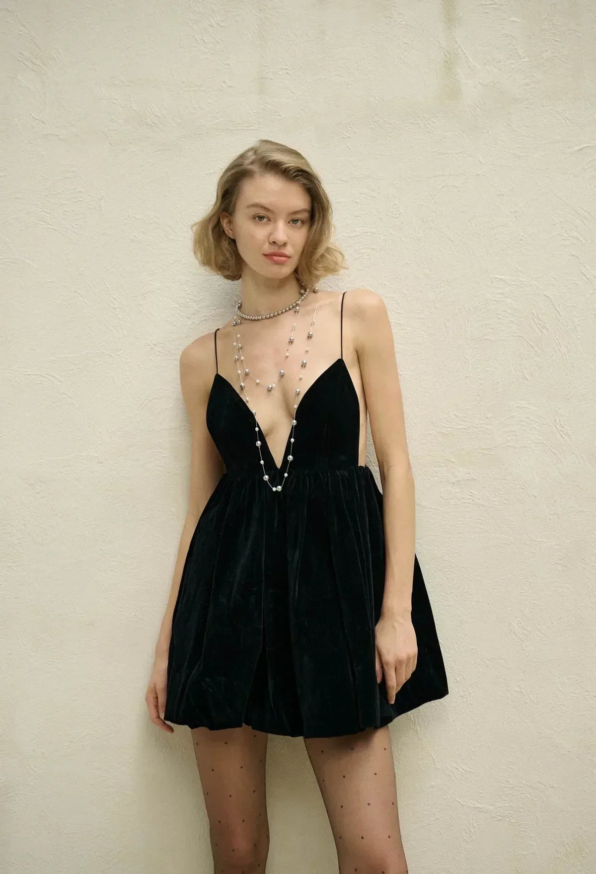Velvet Deep V-Neck Spaghetti Strap Bubble Hem Mini Dress 8