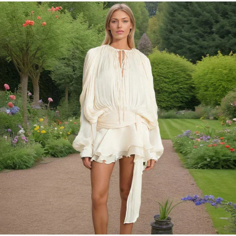 Pleated Chiffon Tie Neck Lantern Sleeve Sash Waist Ruffle Mini Dress 22