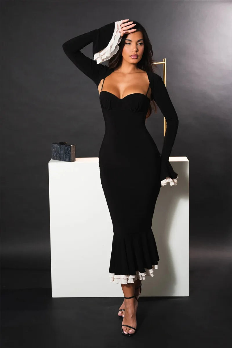Sweetheart Spaghetti Strap Ruffle Trim Mermaid Midi Dress Two-Piece Set