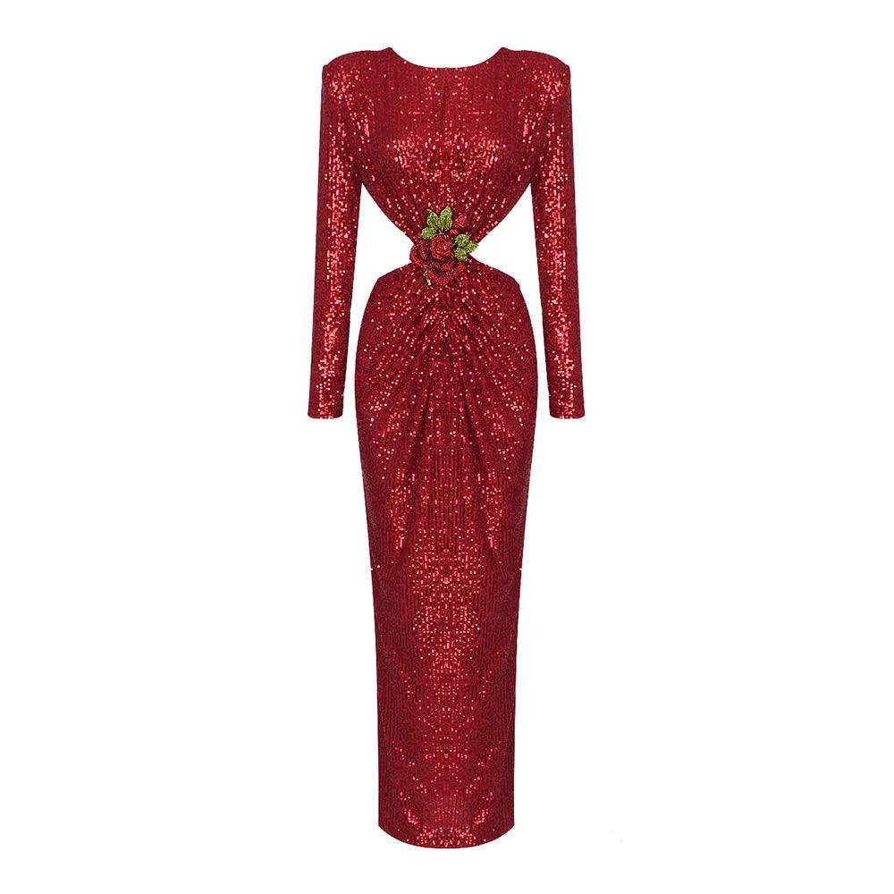 Sequin Long Sleeve Cut Out Bodycon Maxi Dress