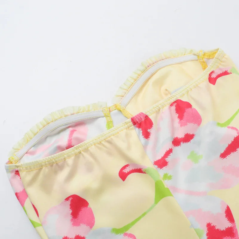 Floral Print Strapless Sweetheart Bustier Lettuce Hem Bodycon Mini Dress