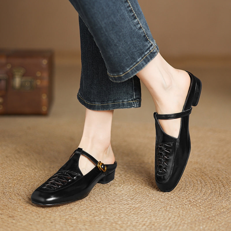 Square Toe T-Strap Buckle Low Block Heel Mary Jane