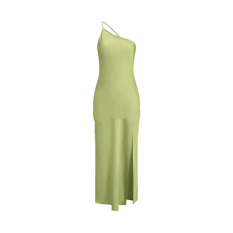 Backless Satin Slant Shoulder Solid Slit Long Dress - View 21