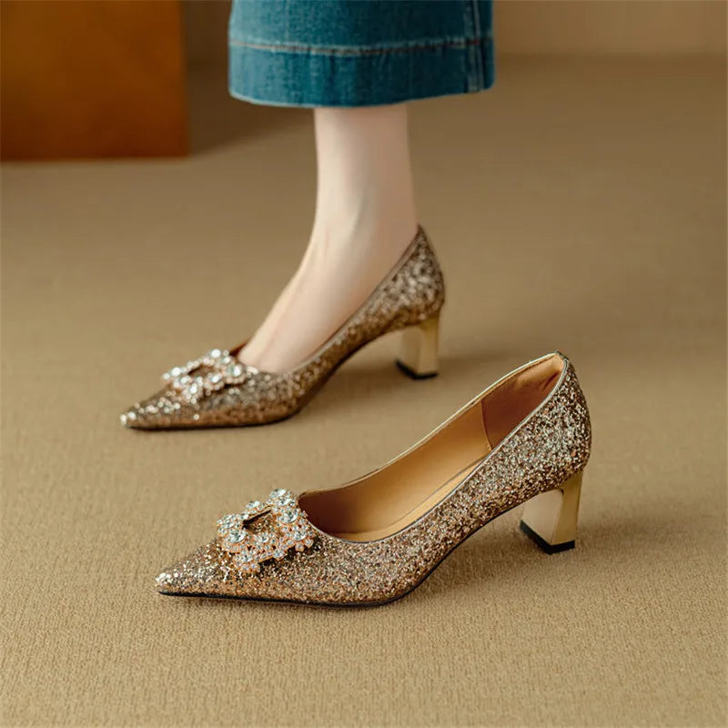 Pointed Toe Glitter Rhinestone Buckle Block Heel Pumps