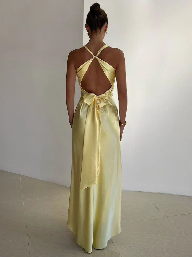 Satin Deep V-Neck Halter Twist Front Sleeveless Maxi Dress 3
