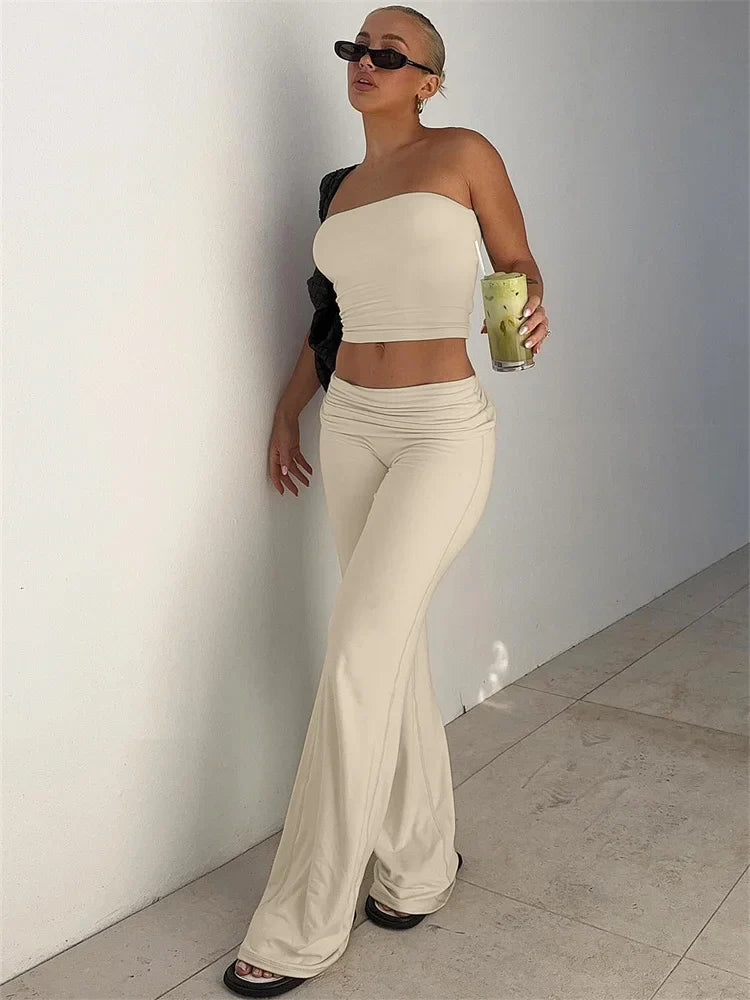 Fold Over Strapless Two Piece Pants Set