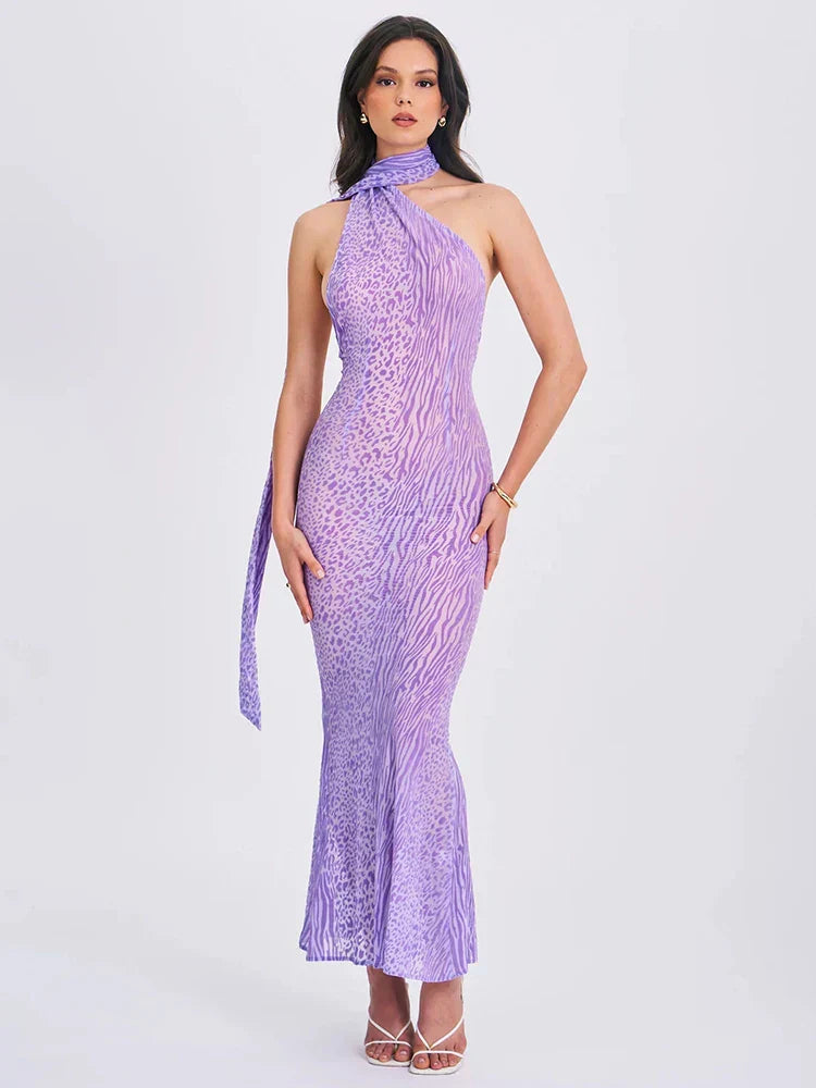 One Shoulder Neck Scarf Tie Animal Print Bodycon Mermaid Maxi Dress