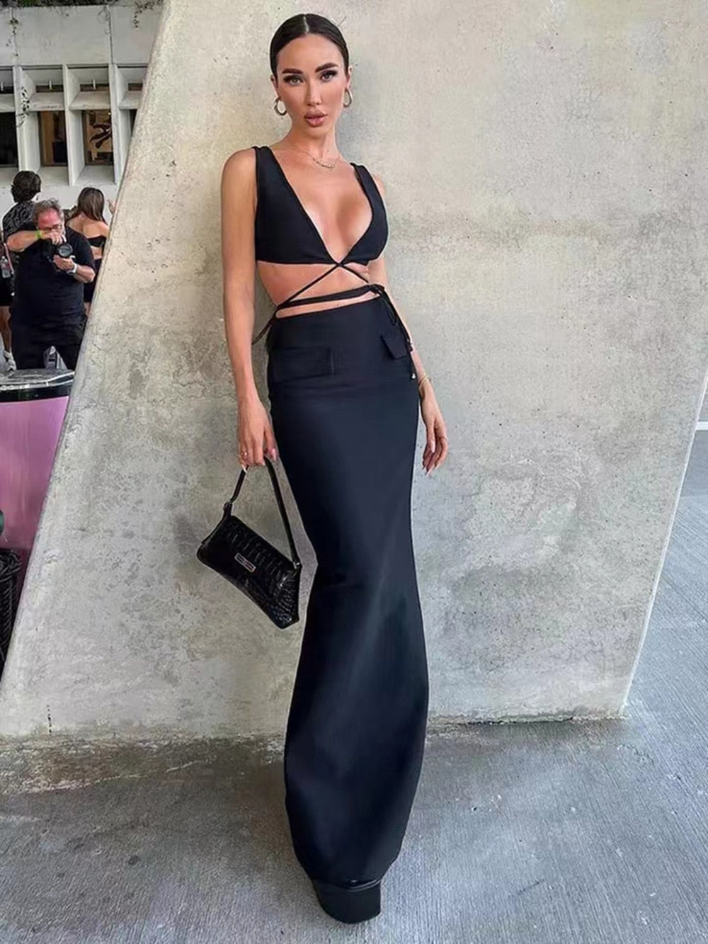 Deep V-Neck Wrap Tie Crop Top and Maxi Skirt Two Piece Set 2