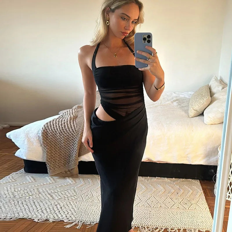 Mesh Halter Neck Backless Ruched Bodycon Maxi Dress