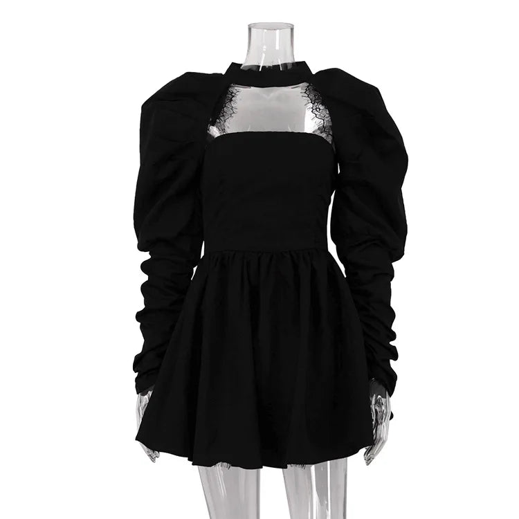 Puff Long - sleeved Black Mini Dress
