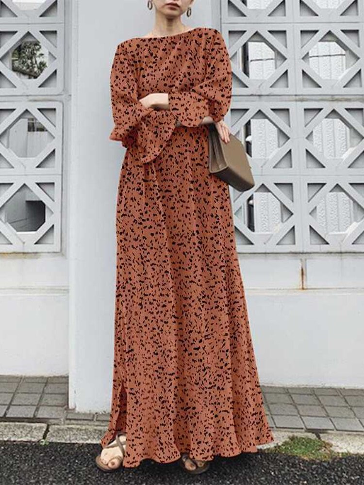 Speckle Print Boat Neck Long Sleeve A-Line Maxi Dress