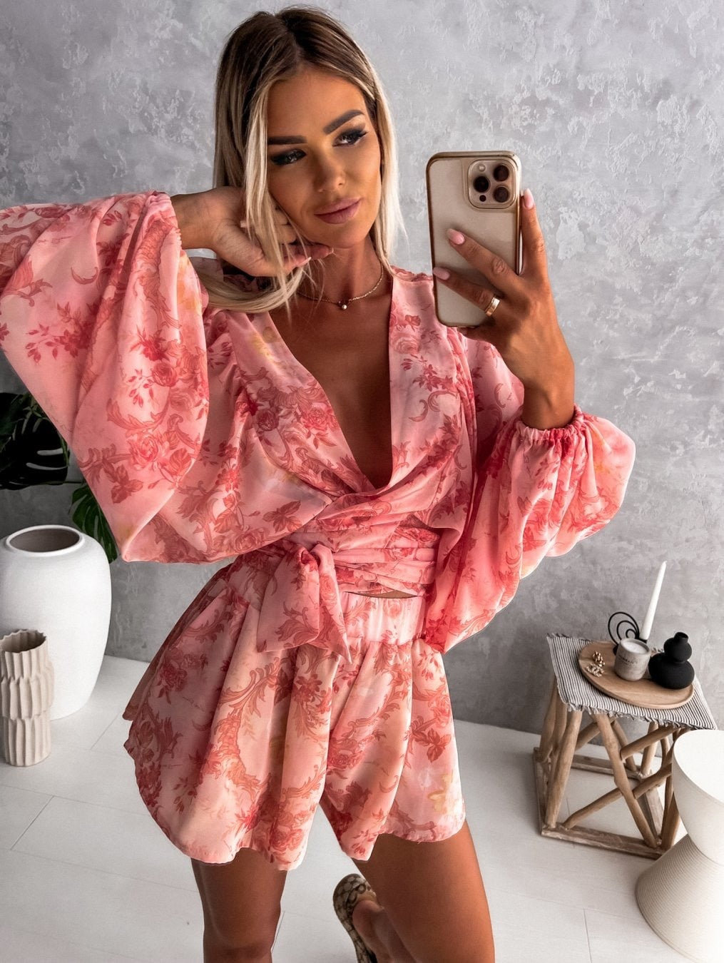 Floral Print Wrap Long Sleeve Ruffle A-Line Midi Dress