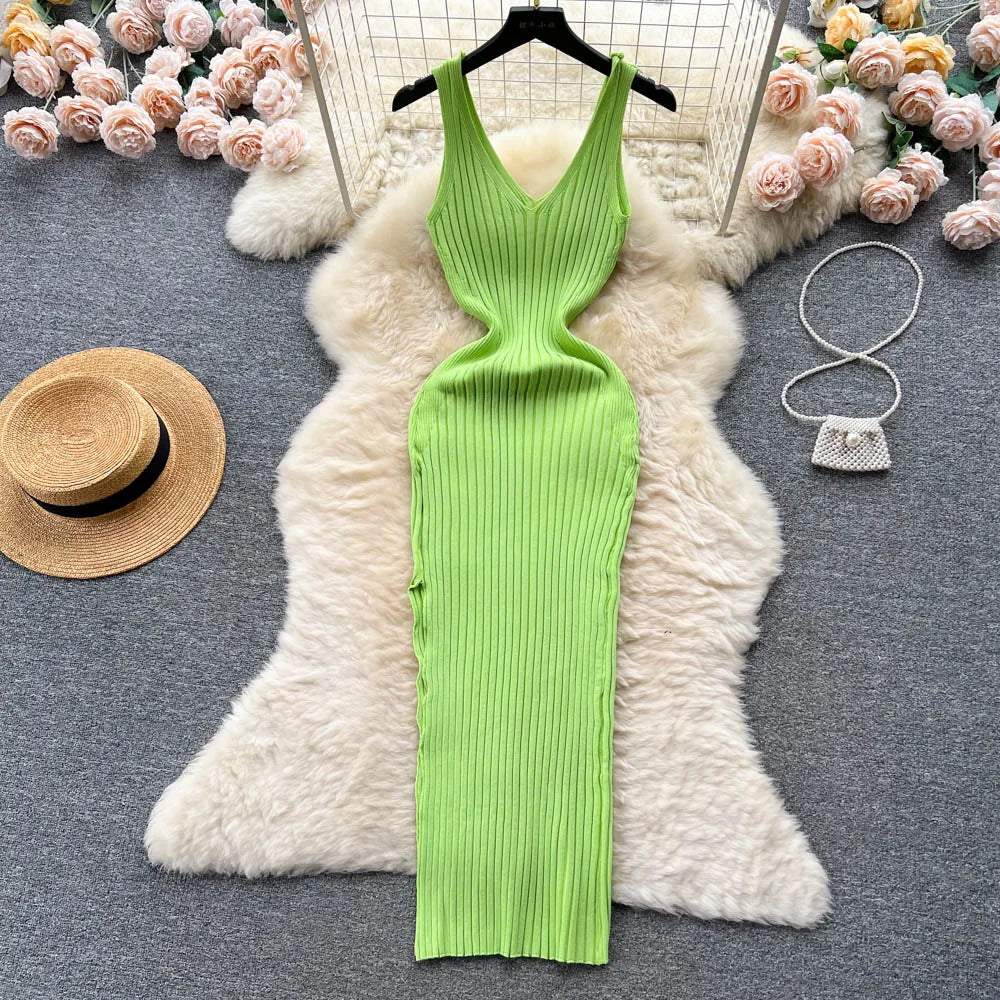 Ribbed Knit V-Neck Sleeveless Cut Out High Split Bodycon Maxi Dress