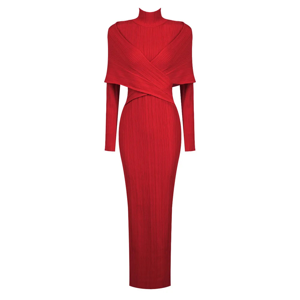 Ribbed Knit High Neck Long Sleeve Cross Wrap Bodycon Maxi Dress