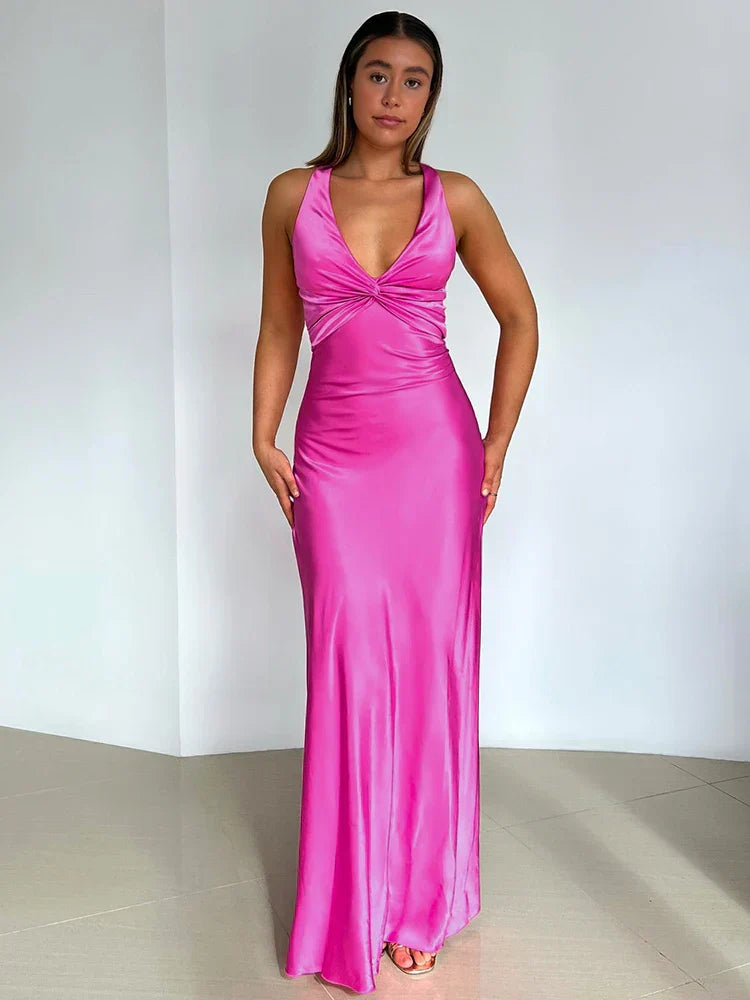 Satin V - neck Back Strappy Bow Maxi Dress