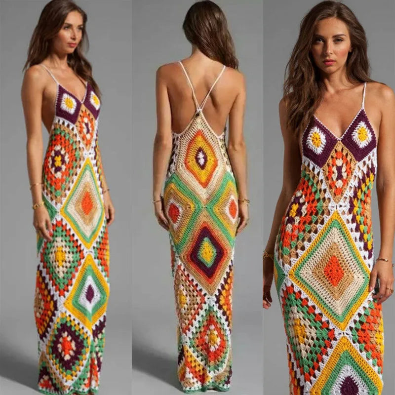 Crochet Granny Square Backless Halter Bodycon Maxi Dress