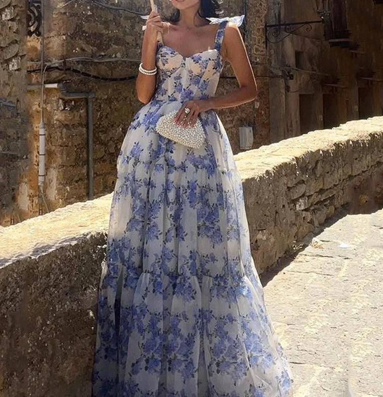 Floral Bustier Bow Strap Tiered Ruffle Organza Maxi Gown