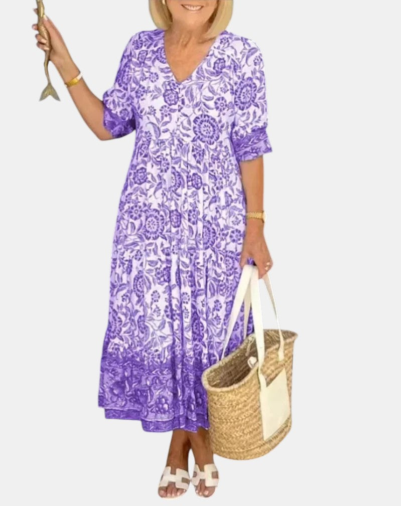V-Neck Short Sleeve Floral Print Tiered Maxi Dress