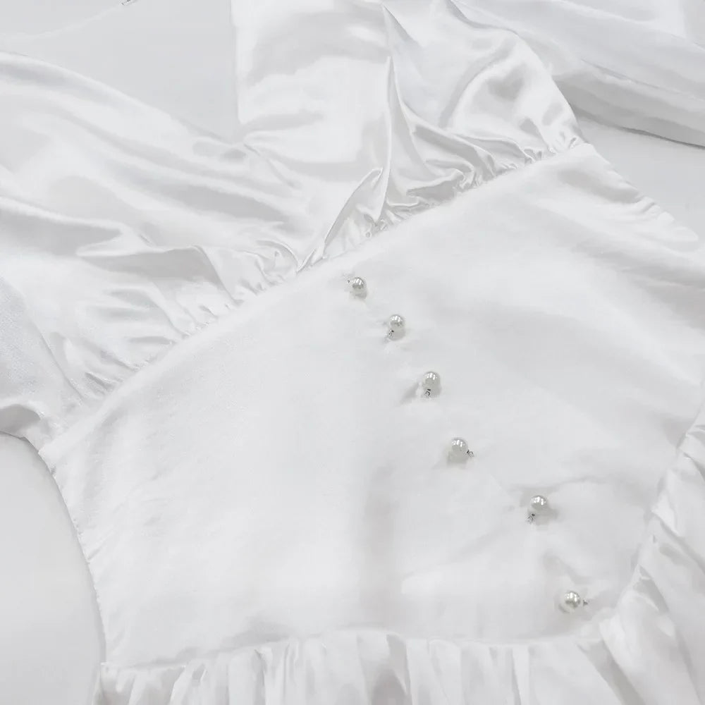 Deep V-Neck Puff Sleeve Corset Waist Bubble Skirt Mini Dress