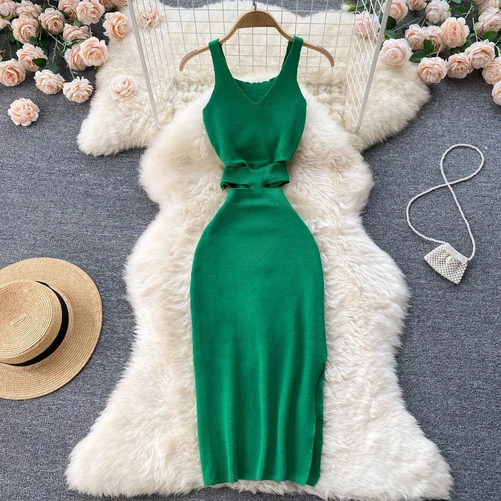 Rib Knit Deep V-Neck Waist Cut Out Side Slit Bodycon Midi Dress