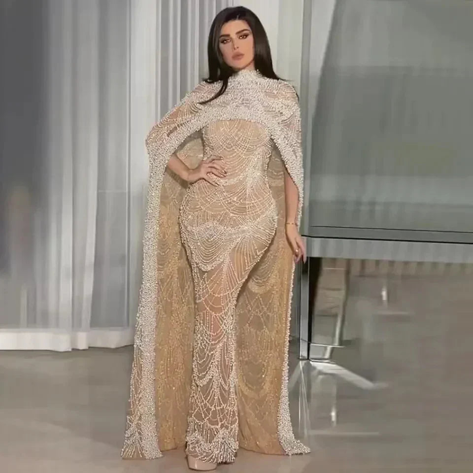 Beaded High Neck Cape Sleeve Sheer Mermaid Gown