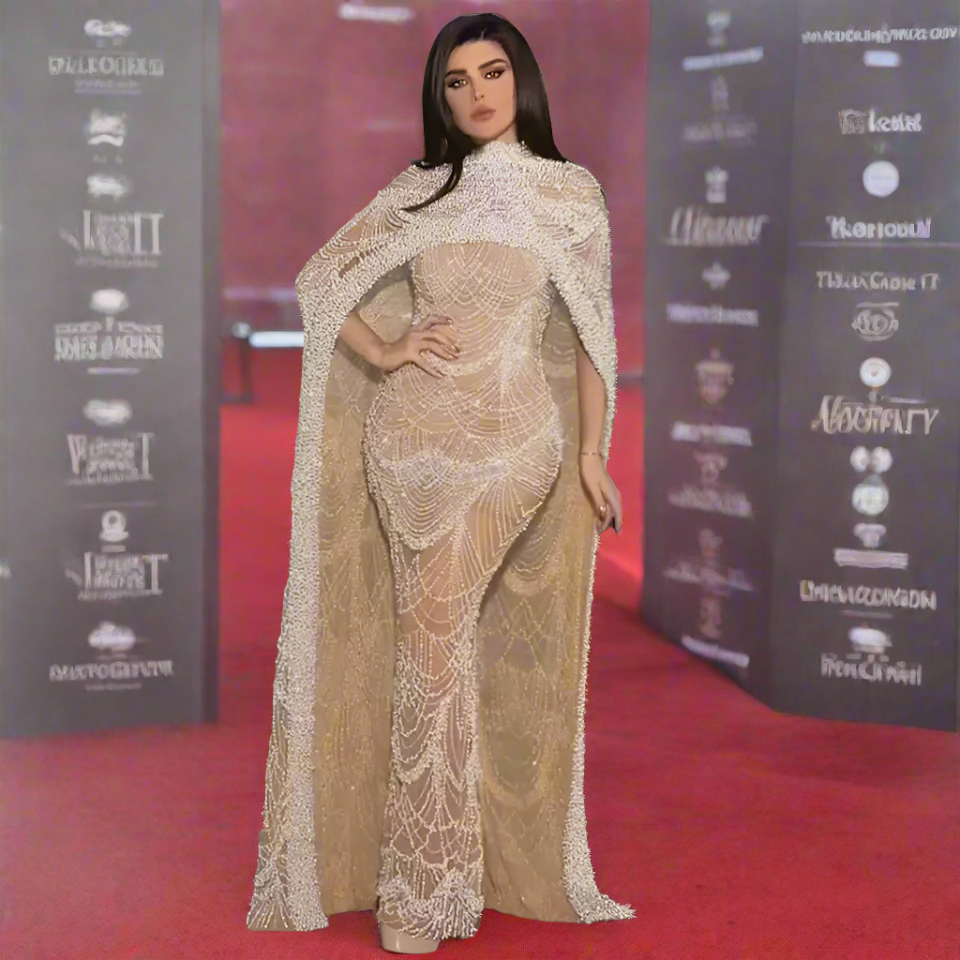 Beaded High Neck Cape Sleeve Sheer Mermaid Gown