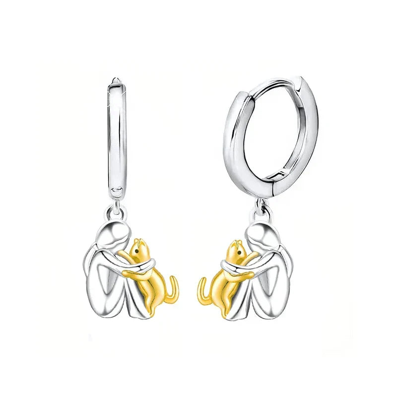 Cat Hug Charm Drop Huggie Hoop Earrings
