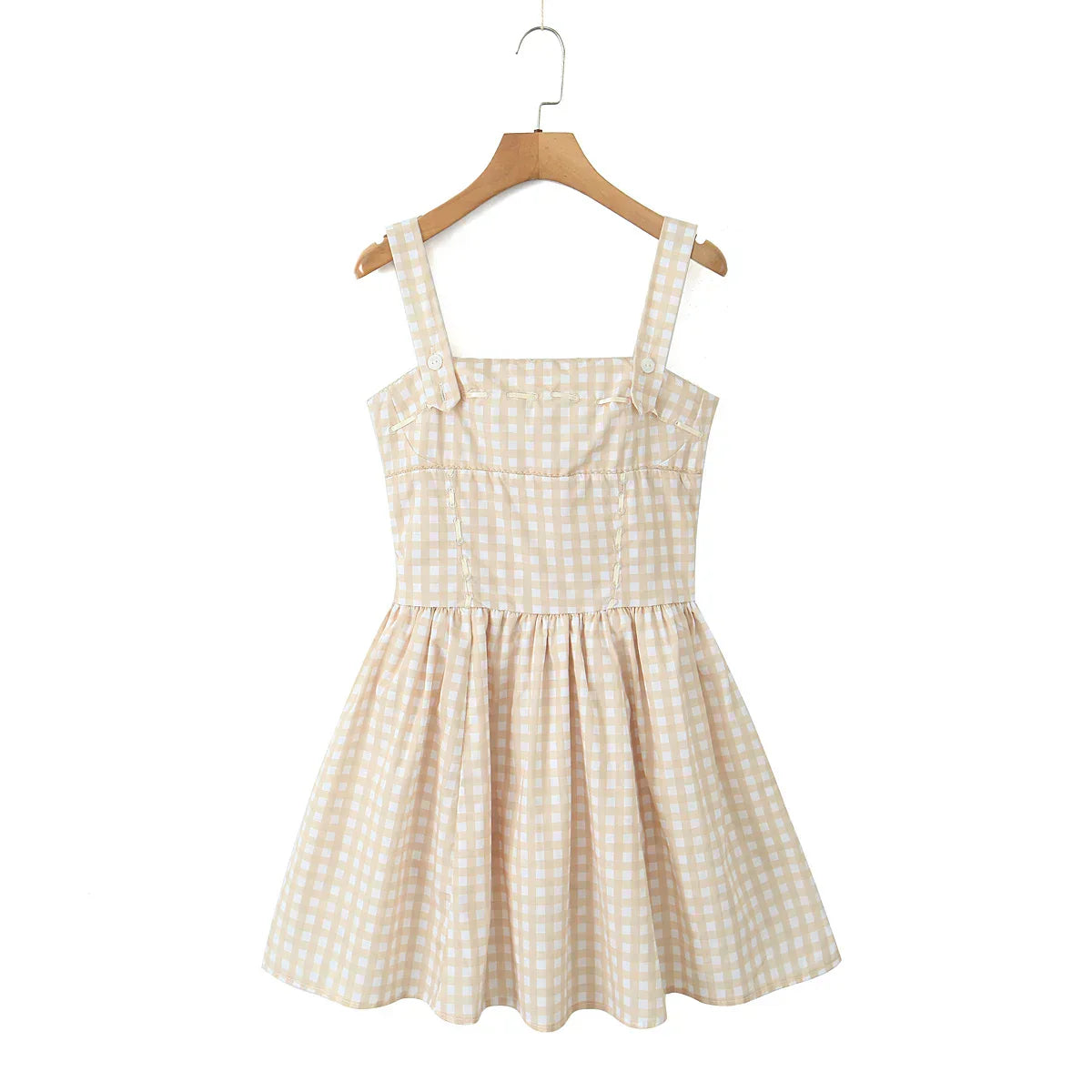 Gingham Print Square Neck Corset Paneled Pleated Fit and Flare Mini Dress
