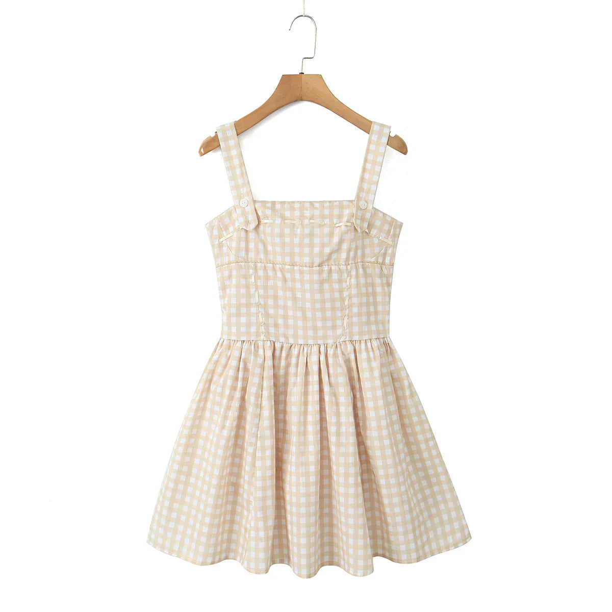 Gingham Print Square Neck Corset Paneled Pleated Mini Dress - View 7