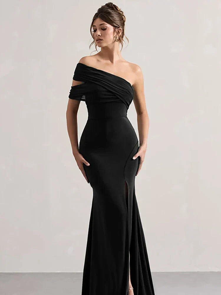 Off Shoulder Ruched Mesh Bodice High Split Mermaid Maxi Dress 2