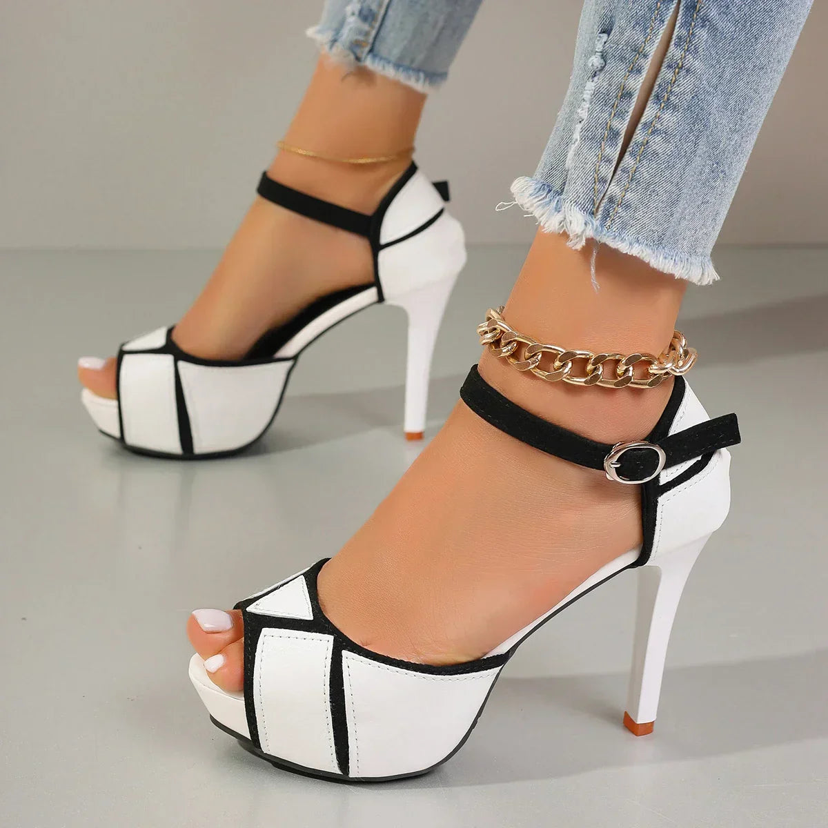 Peep Toe Ankle Strap Platform Stiletto Heel Sandals