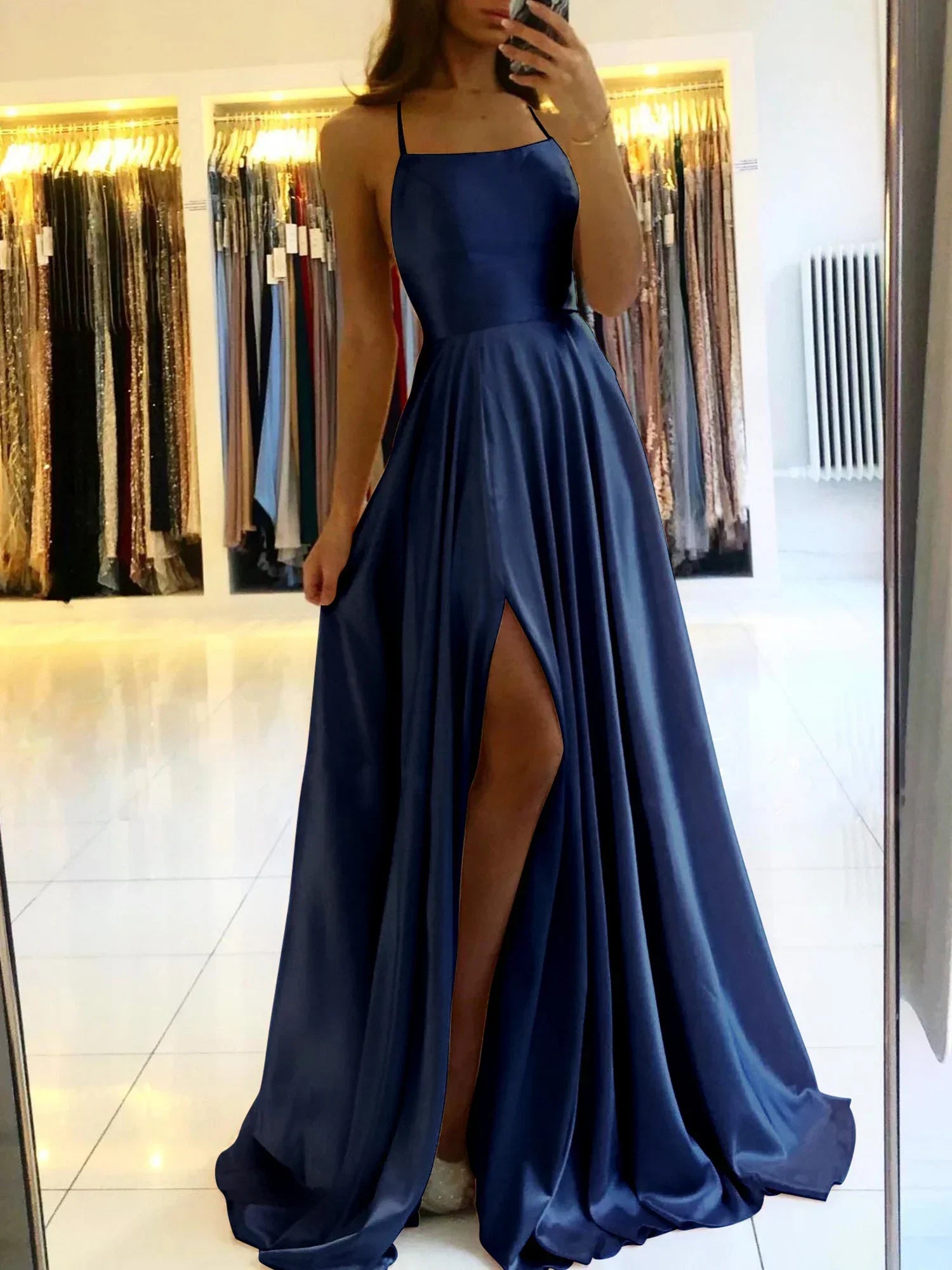 Satin Spaghetti Strap Square Neck High Split A-Line Maxi Prom Dress