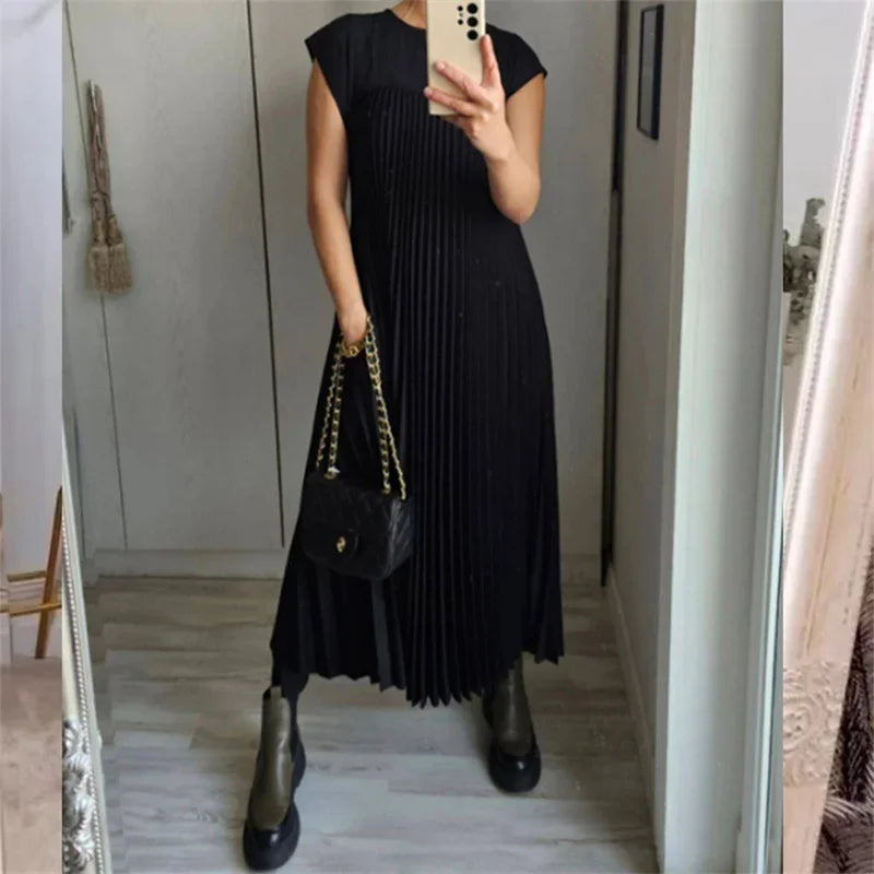 Sleeveless Crew Neck Accordion Pleat A-Line Maxi Dress