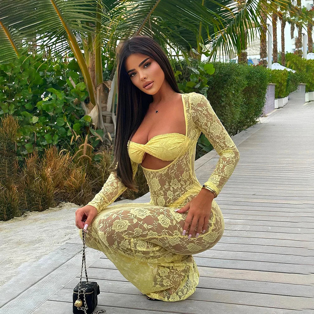 Sheer Floral Lace Long Sleeve Cut Out Twist Bust Bodycon Maxi Dress 17
