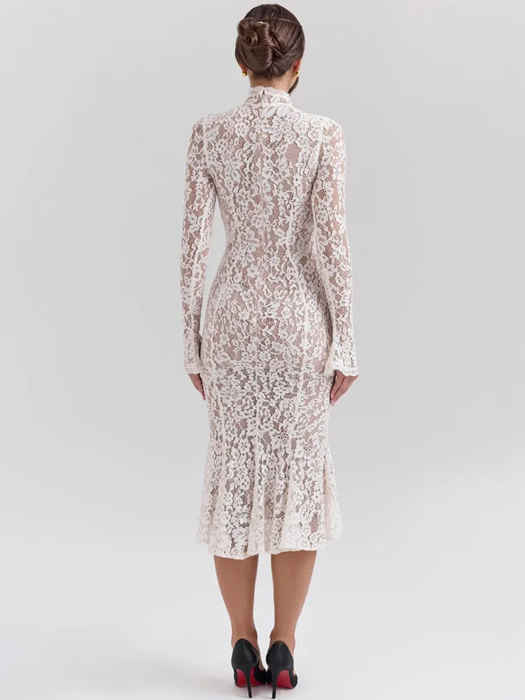 Floral Lace Mock Neck Long Sleeve Scalloped Cuff Bodycon Gown