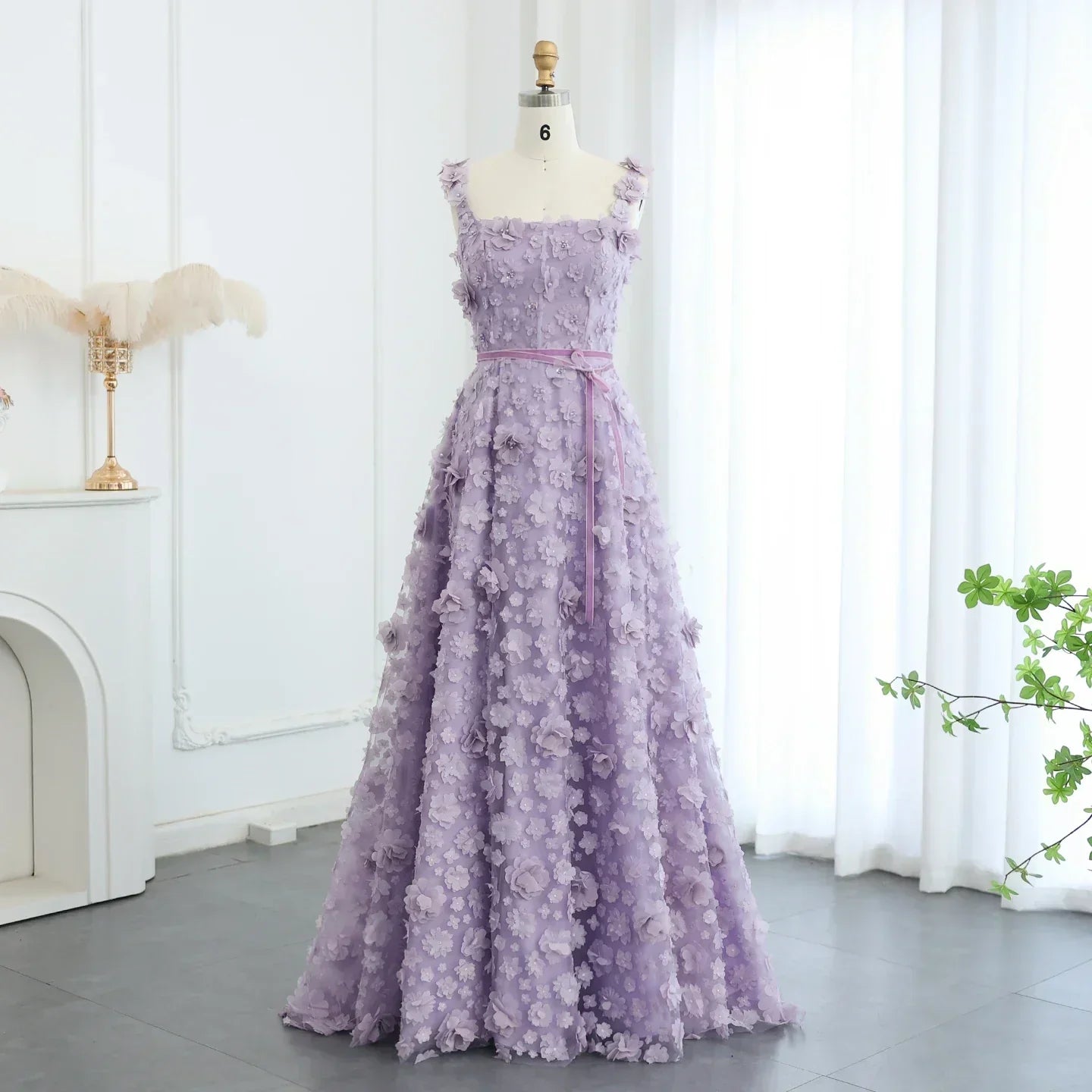 3D Floral Applique Square Neck High Split Tulle A-Line Gown