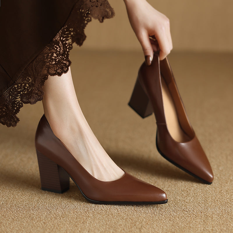 Pointed Toe Block Heel Slip On Leather Look Pumps