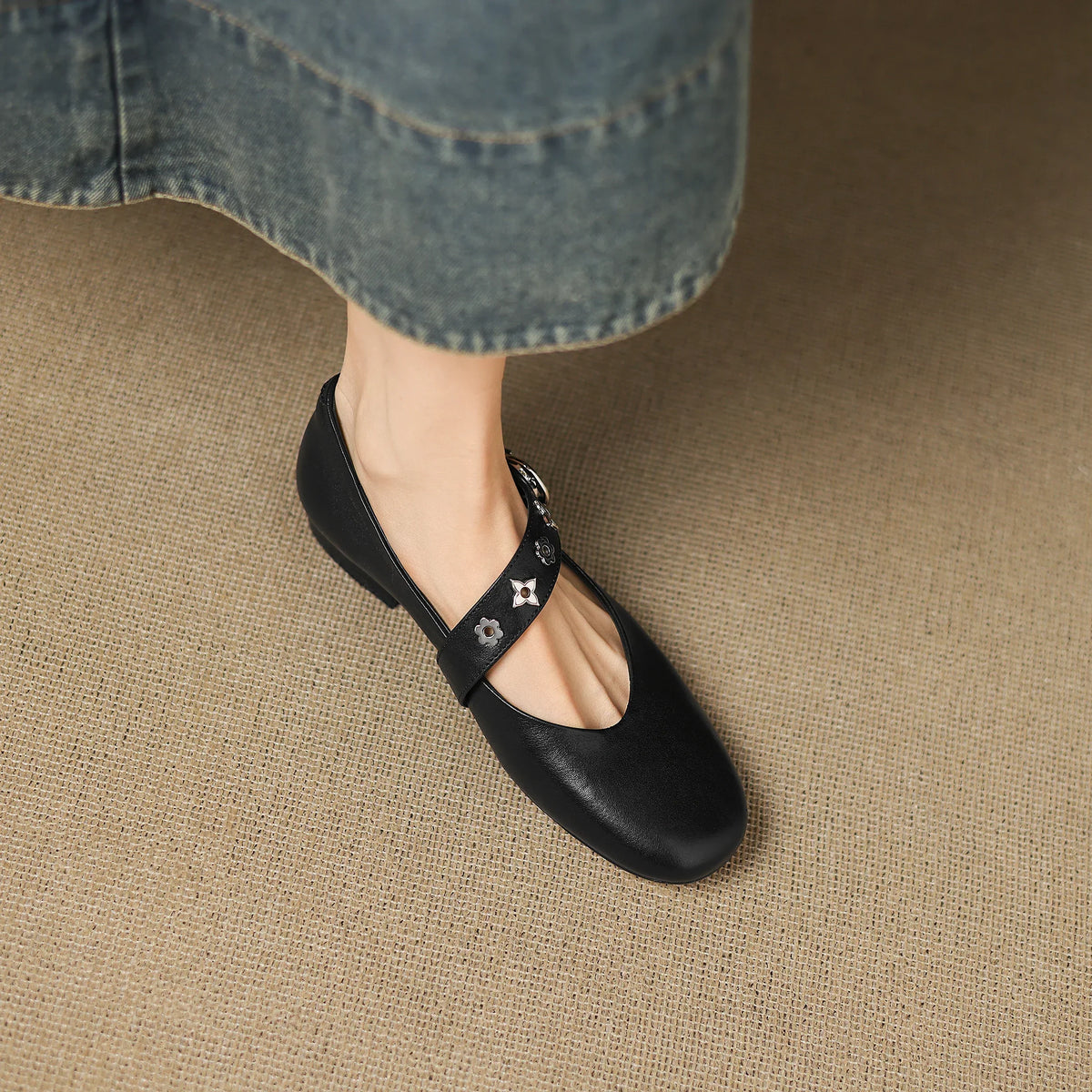 Square Toe Buckle Ankle Strap Mary Jane Flats