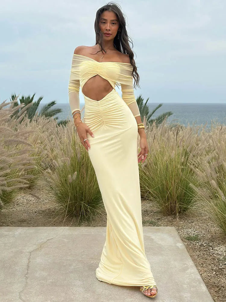 Off Shoulder Long Sleeve Cut Out Ruched Maxi Dress