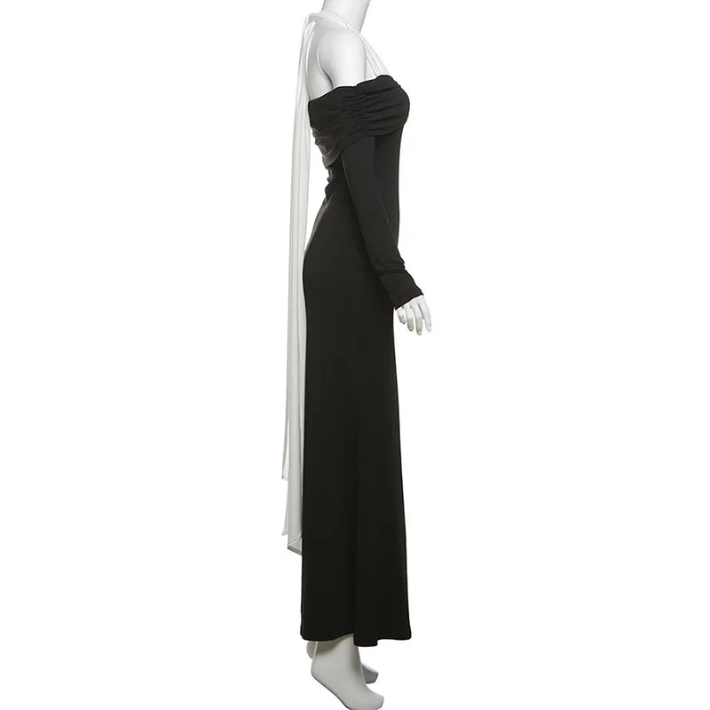 Off Shoulder Halter Cross Neck Long Sleeve Mermaid Maxi Dress