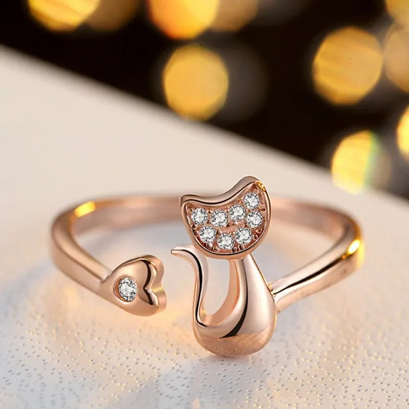 Cubic Zirconia Cat and Heart Adjustable Open Ring